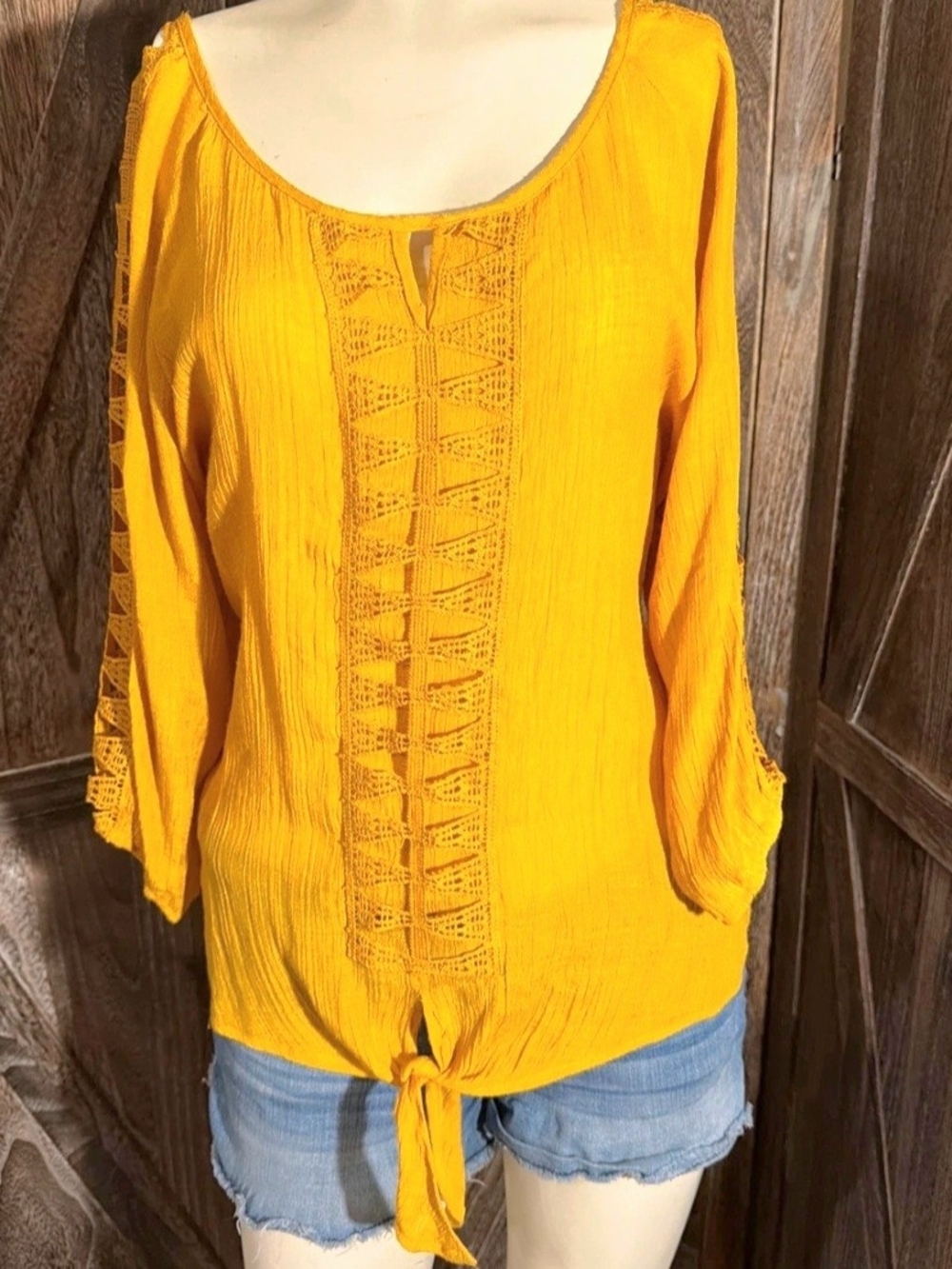 Mustard Yellow Crochet-Front Tie Hem Blouse